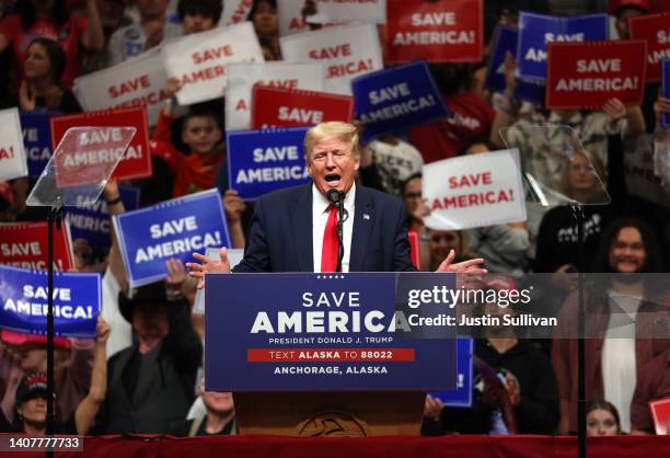 Former U.S. President Donald Trump speaks during a "Save America" rally at Alaska Airlines Center on July 09, 2022 in Anchorage, Alaska. Former...