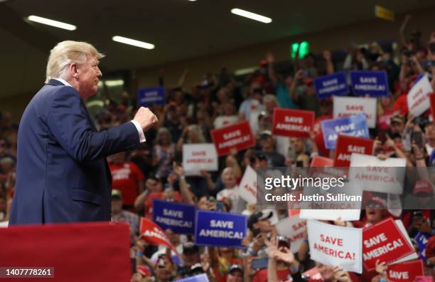 Former U.S. President Donald Trump greets supporters during a "Save America" rally at Alaska Airlines Center on July 09, 2022 in Anchorage, Alaska....