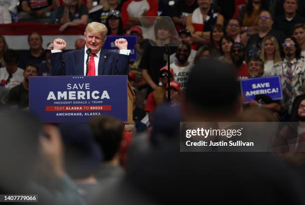 Former U.S. President Donald Trump speaks during a "Save America" rally at Alaska Airlines Center on July 09, 2022 in Anchorage, Alaska. Former...