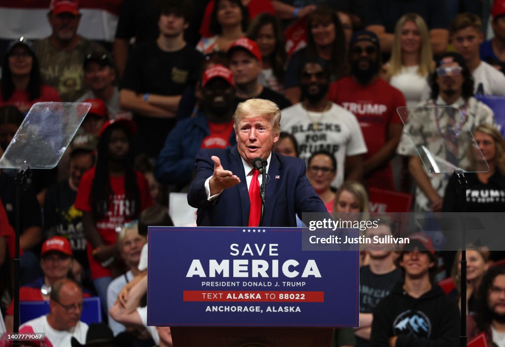 Former President Trump Campaigns With House Candidate Sarah Palin And Senate Candidate Kelly Tshibaka In Anchorage, Alaska