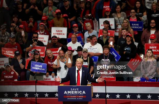 Former U.S. President Donald Trump speaks during a "Save America" rally at Alaska Airlines Center on July 09, 2022 in Anchorage, Alaska. Former...