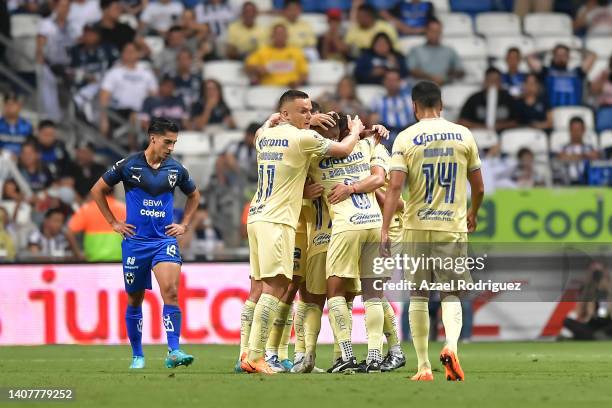 Alejandro Zendejas of América celebrates with teammates after scoring his team’s second goal during the 2nd round match between Monterrey and America...