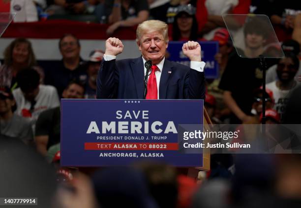 Former U.S. President Donald Trump speaks during a "Save America" rally at Alaska Airlines Center on July 09, 2022 in Anchorage, Alaska. Former...
