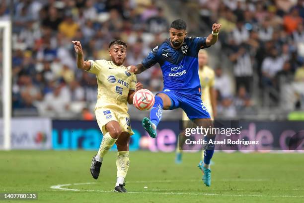Rodrigo Aguirre of Monterrey fights for the ball with Jonathan Dos Santos of América during the 2nd round match between Monterrey and America as part...