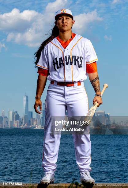 Kelsie Whitmore of the Staten Island Ferryhawks poses for a photo in front of the New York Skyline on July 09, 2022 in Staten Island, New York....