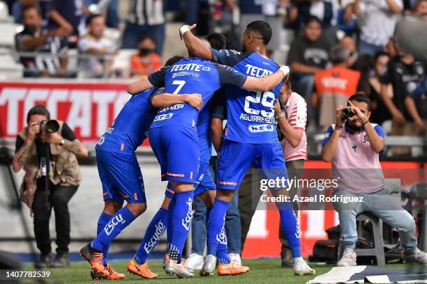 Maximiliano Meza of Monterrey celebrates with teammates after scoring his team’s second goal during the 2nd round match between Monterrey and America...