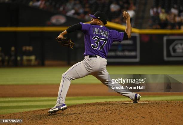 Alex Colome of the Colorado Rockies delivers a pitch against the Arizona Diamondbacks at Chase Field on July 08, 2022 in Phoenix, Arizona.