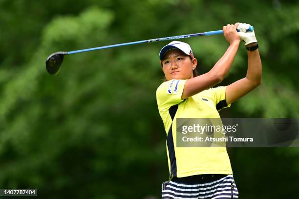 Mao Nozawa of Japan hits her tee shot on the 13th hole during the final round of Nipponham Ladies Classic at Katsura Golf Club on July 10, 2022 in...
