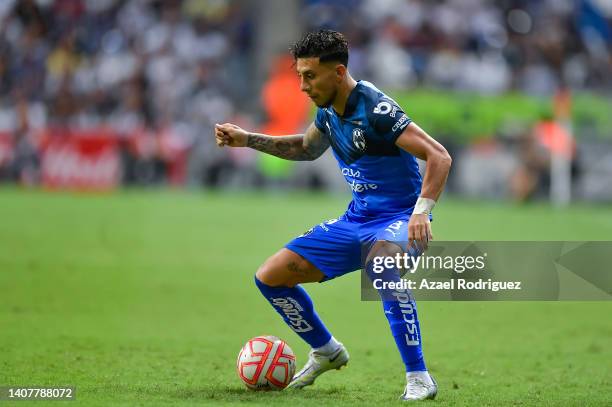 Joao Rojas of Monterrey drives the ball during the 2nd round match between Monterrey and America as part of the Torneo Apertura 2022 Liga MX at BBVA...