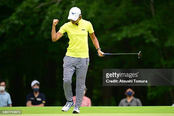 Mao Nozawa of Japan celebrates the birdie on the 17th green during the final round of Nipponham Ladies Classic at Katsura Golf Club on July 10, 2022...