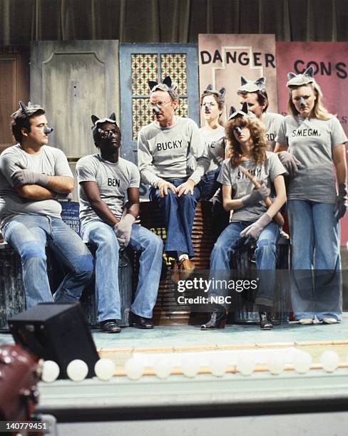 Episode 6 -- Pictured: John Belushi as Slezeball, Garrett Morris as Ben, Buck Henry as Bucky, Gilda Radner as Annette Funicello, Laraine Newman as...