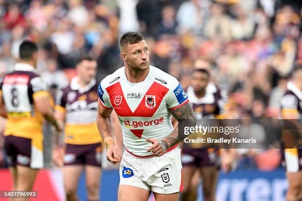 Tariq Sims of the Dragons is sin binned during the round 17 NRL match between the Brisbane Broncos and the St George Illawarra Dragons at Suncorp...