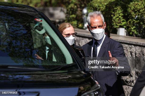 United States Ambassador to Japan Rahm Emanuel leaves at former Japanese Prime Minister Shinzo Abe's residence on July 10, 2022 in Tokyo, Japan. Abe,...