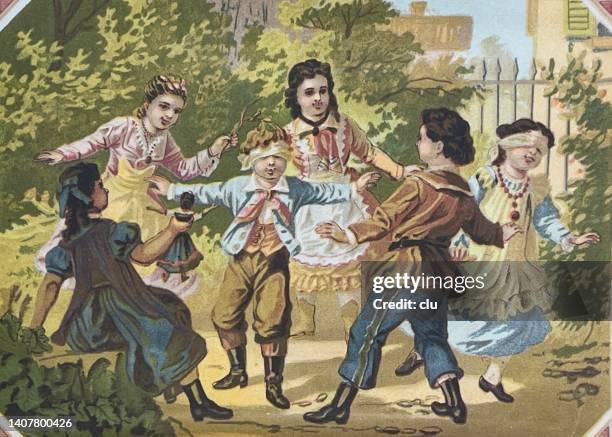 children play blind man's bluff - vintage illustration kids stock illustrations