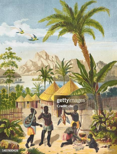 nartive african people standing at their  huts under palm trees - idyllic retro stock illustrations