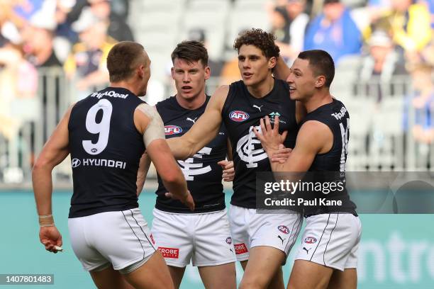 Charlie Curnow of the Blues celebrates a goal during the round 17 AFL match between the West Coast Eagles and the Carlton Blues at Optus Stadium on...