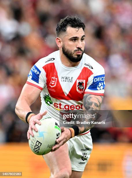 Jack Bird of the Dragons looks to pass during the round 17 NRL match between the Brisbane Broncos and the St George Illawarra Dragons at Suncorp...