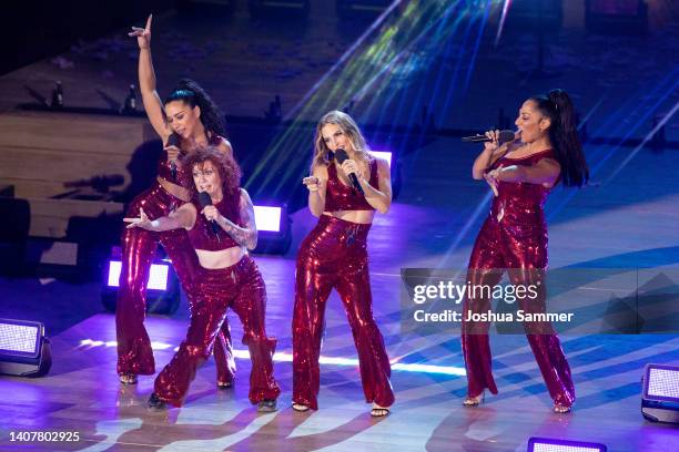 No Angels perform on stage during the TV show "Die grosse Schlagerstrandparty 2022" on July 09, 2022 in Gelsenkirchen, Germany.