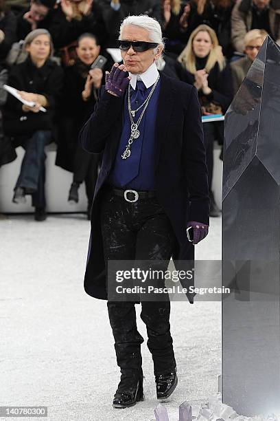 Designer Karl Lagerfeld acknowledges the applause of the audience after the Chanel Ready-To-Wear Fall/Winter 2012 show as part of Paris Fashion Week...