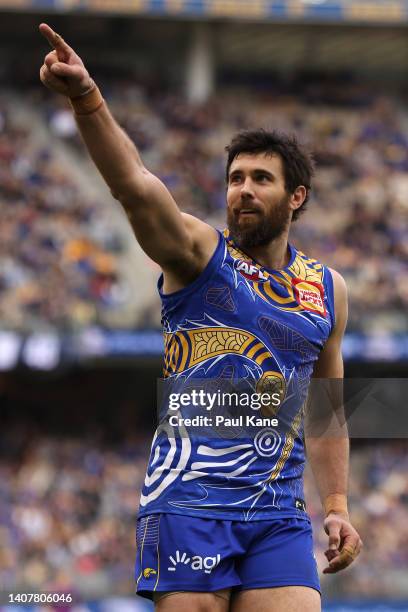 Josh J. Kennedy of the Eagles celebrates a goal during the round 17 AFL match between the West Coast Eagles and the Carlton Blues at Optus Stadium on...