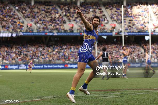 Josh J. Kennedy of the Eagles celebrates a goal during the round 17 AFL match between the West Coast Eagles and the Carlton Blues at Optus Stadium on...