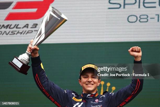 Race winner Isack Hadjar of France and Hitech Grand Prix celebrates on the podium during the Round 5:Spielberg Feature race of the Formula 3...