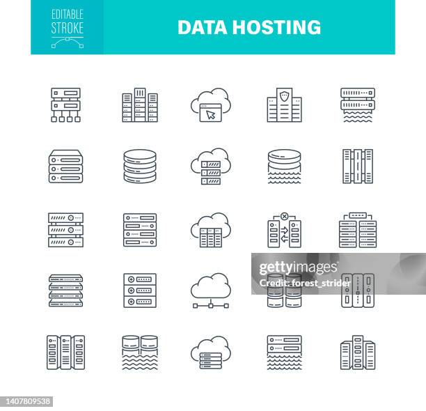 symbole für das datenhosting. bearbeitbarer strich. enthält symbole wie netzwerkserver, rechenzentrum, mainframe, cloud computing - supercomputer stock-grafiken, -clipart, -cartoons und -symbole