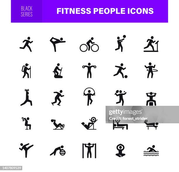 fitness people symbole. schwarze serie. das set enthält icons wie sport, gymnastik, gesunder lebensstil, yoga - yogalehrer stock-grafiken, -clipart, -cartoons und -symbole