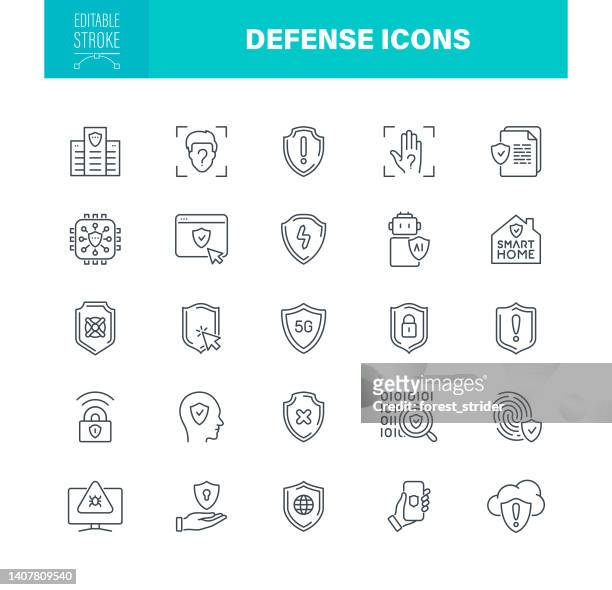 defense icons editable stroke. contains icons as computer security, shield, protection, coat of arms - legal defense stock illustrations