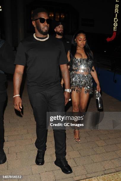 Sean Diddy Combs and City Girls rapper Yung Miami seen leaving Under the Bridge, the West London live music venue on July 09, 2022 in London, England.