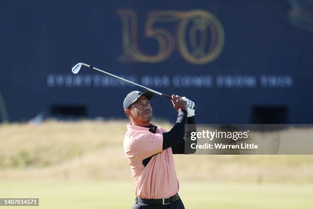 Tiger Woods of the United States plays a shot on the third hole during a practice round prior to The 150th Open at St Andrews Old Course on July 10,...