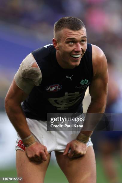 Patrick Cripps of the Blues looks on during the round 17 AFL match between the West Coast Eagles and the Carlton Blues at Optus Stadium on July 10,...