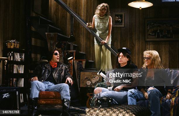 Episode 1 -- Pictured: Bruce Willis as Rick, Nora Dunn as Mrs. Campbell, Mike Myers as Wayne Campbell, Dana Carvey as Garth Algar during the 'Wayne's...