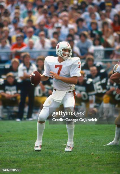 Quarterback John Elway of the Stanford University Cardinal looks to pass against the Purdue University Boilermakers during a college football game at...