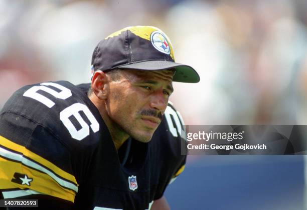 Cornerback Rod Woodson of the Pittsburgh Steelers looks on from the sideline during a preseason game against the Green Bay Packers at Three Rivers...