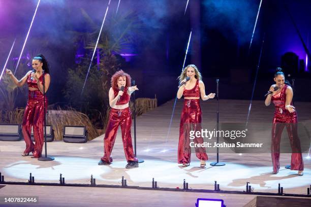 Nadja Benaissa, Lucy Diakovska, Sandy Moelling and Jessica Wahls perform on stage during the TV show "Die grosse Schlagerstrandparty 2022" on July...