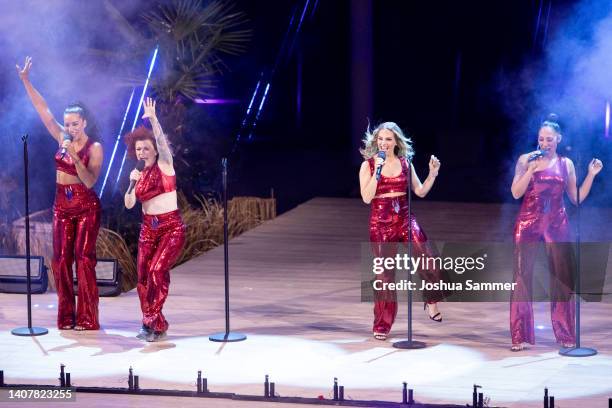 Nadja Benaissa, Lucy Diakovska, Sandy Moelling and Jessica Wahls perform on stage during the TV show "Die grosse Schlagerstrandparty 2022" on July...