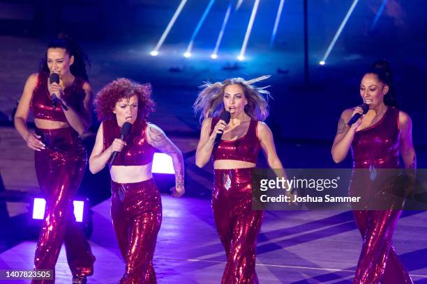 Nadja Benaissa, Lucy Diakovska, Sandy Moelling and Jessica Wahls perform on stage during the TV show "Die grosse Schlagerstrandparty 2022" on July...