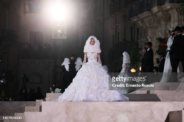 Model walks the runway at the Dolce & Gabbana haute couture fall/winter 22/23 event on July 09, 2022 in Siracusa, Italy.