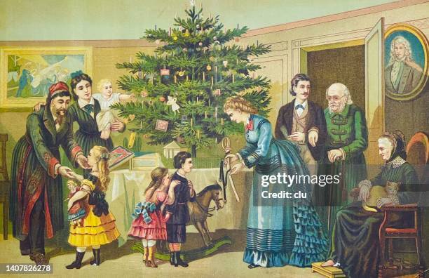 christmas, the giving presents of a multi-generation family - granddaughter stock illustrations