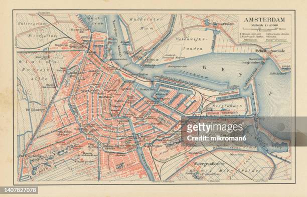 old chromolithograph map of amsterdam, capital and most populous city of the netherlands - amsterdam map stock pictures, royalty-free photos & images