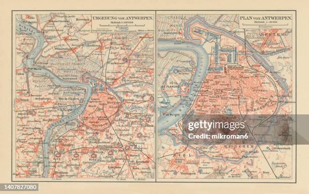 old chromolithograph map of antwerp, largest city in belgium, capital of antwerp province in the flemish region - antwerp city belgium stock pictures, royalty-free photos & images