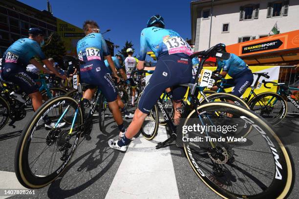 Aleksandr Riabushenko of Russia, Joseph Lloyd Dombrowski of United States and Team Astana – Qazaqstan aprior to the 109th Tour de France 2022, Stage...