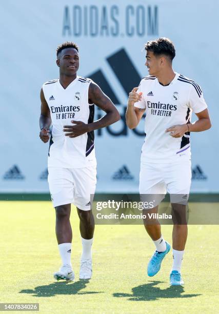 Vinicius Jr. And Reinier Jesus Carvalho players of Real Madrid are training at Valdebebas training ground on July 10, 2022 in Madrid, Spain.