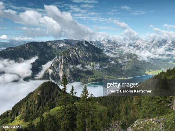 view of the achensee and the karwendel mountains | tyrol, austria - karwendel mountains stockfoto's en -beelden