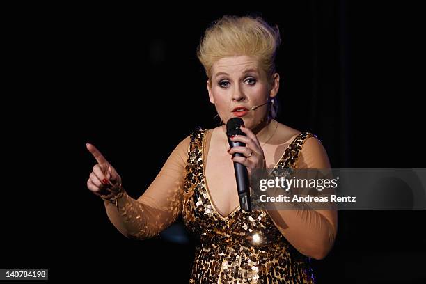 Singer Maite Kelly performs onstage during the 'Maite Kelly Revue' World Premiere at Wintergarten Varieté on March 6, 2012 in Berlin, Germany.