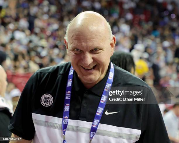 Clippers owner Steve Ballmer attends a game between the Orlando Magic and the Sacramento Kings during the 2022 NBA Summer League at the Thomas & Mack...