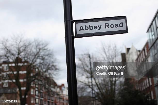 Street sign for 'Abbey Road' in St John's Wood, home to Abbey Road Studios, on March 5, 2012 in London, England. Abbey Road in North London has been...