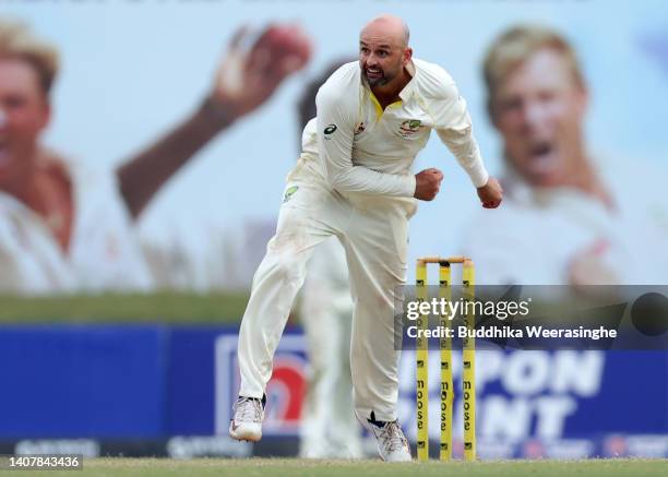 Nathan Lyon of Australia in bowling action during day three of the Second Test in the series between Sri Lanka and Australia at Galle International...