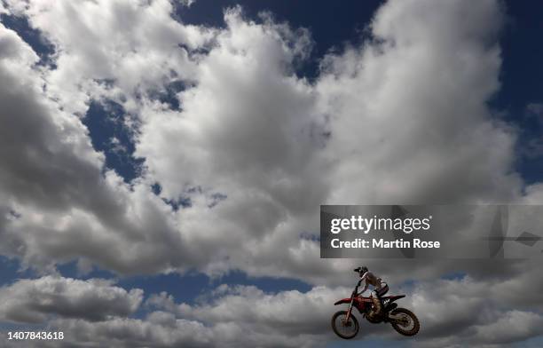 Sem De Lange of Netherlands jumps during the International German Motocross Youngster Cup at Tensfeld on July 10, 2022 in Bad Segeberg, Germany.